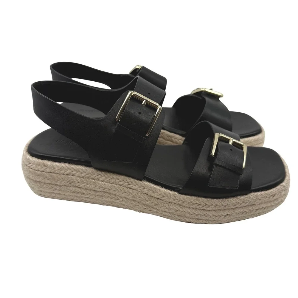 NEW Nordstrom‎ AVILA Espadrille Sandals Black Leather Platform WOMEN 10 BUCKLE
